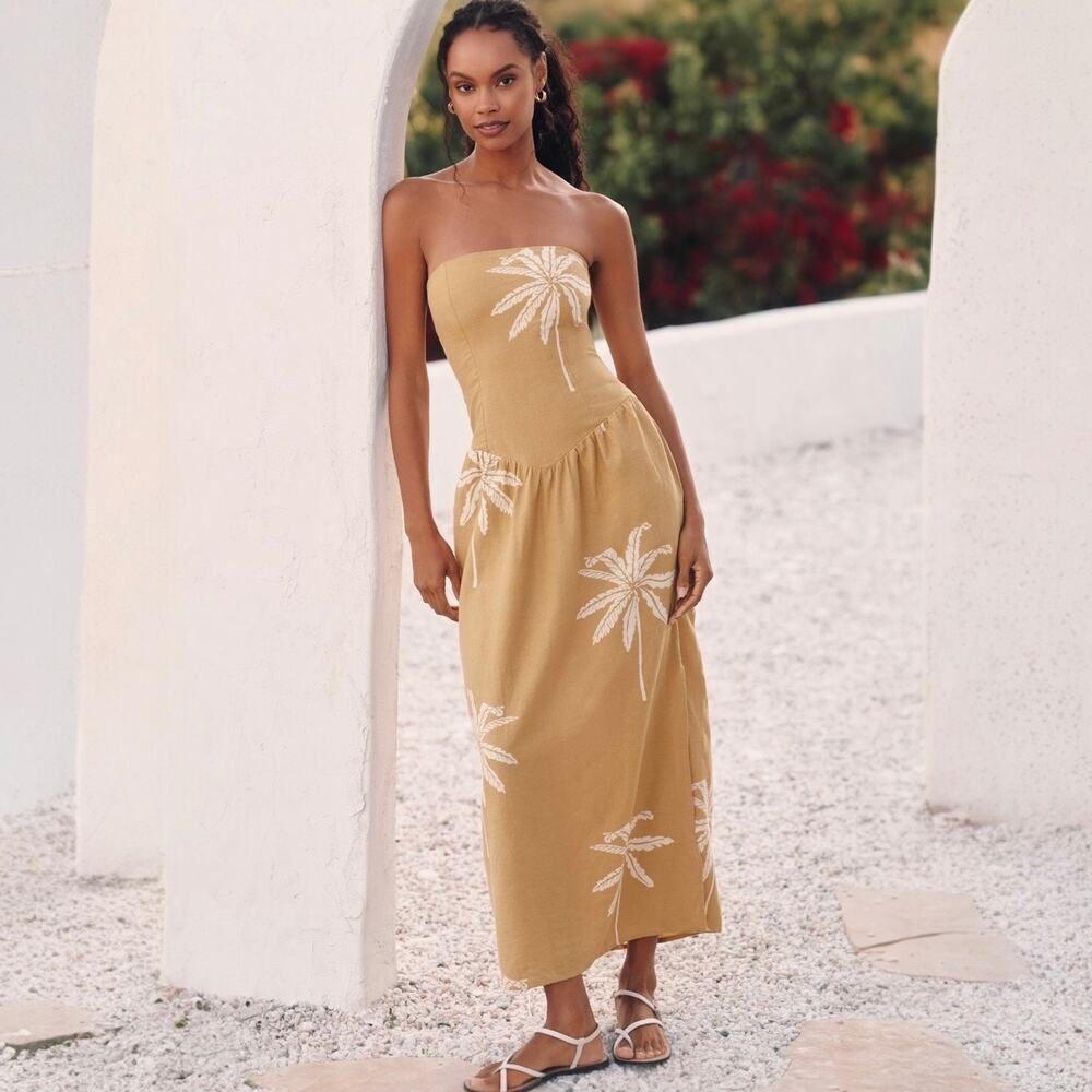 Anthropologie Celandine Linen Blend Strapless Drop-Waist Midi Dress Size XL